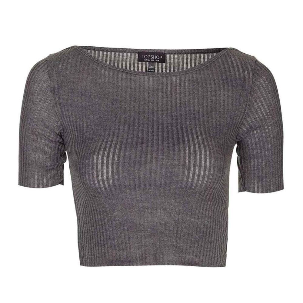 TopShop Slash Crewneck Crop Top  Shirt 3/4 Sleeve Tee Gray Size 6